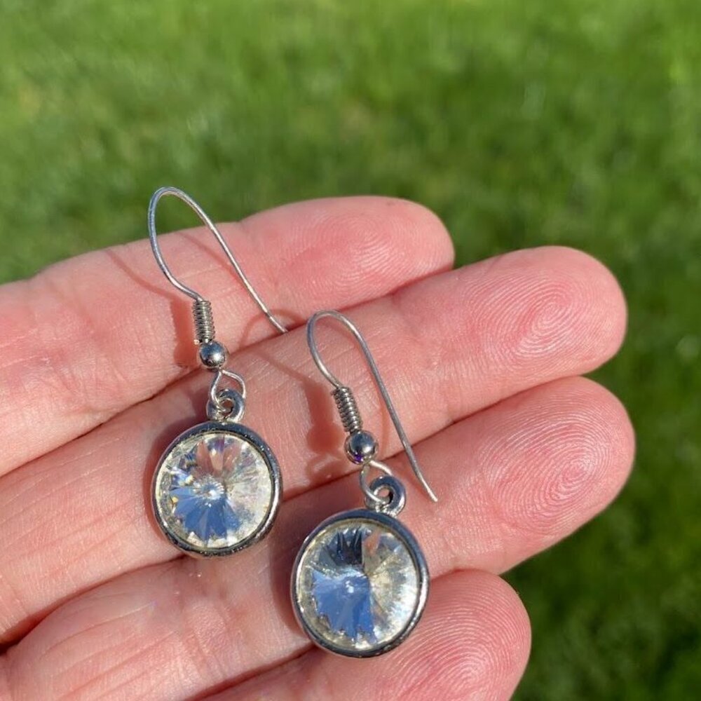 Crystal Bezel Set Round Earrings Silver Tone